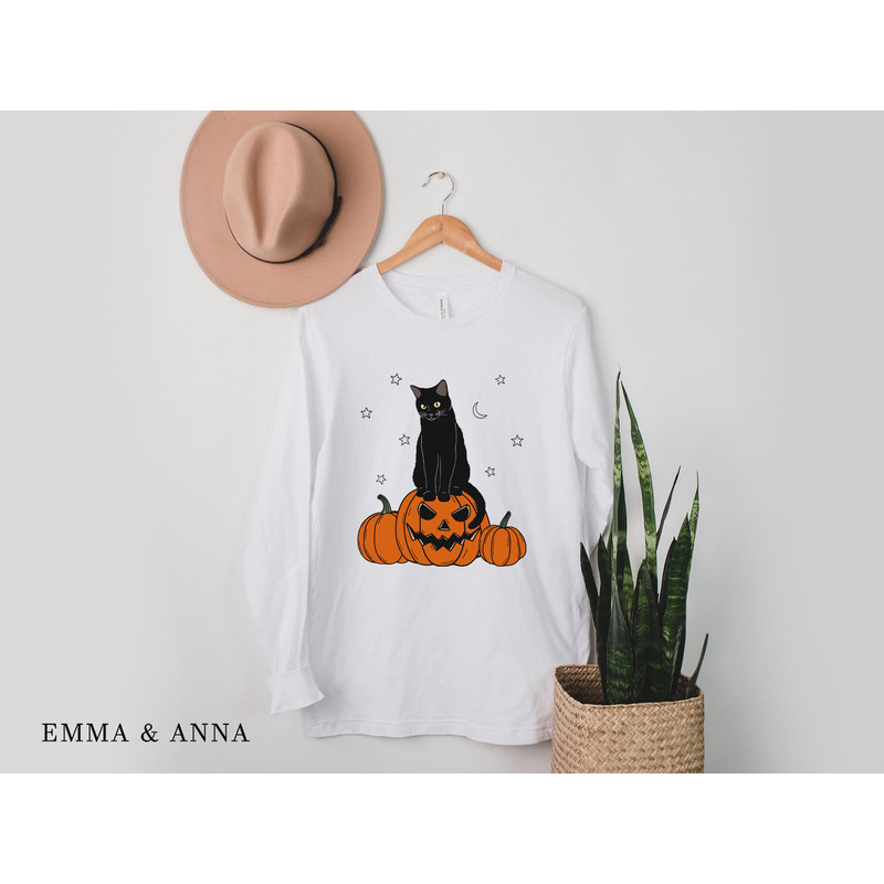 Halloween Cat Shirt, Long Sleeve Halloween Shirt, Fall Shirts for Women, Halloween Black Cat Shirt, Black Cat on Pumpkin, Pumpkin Shirt - 4.jpg