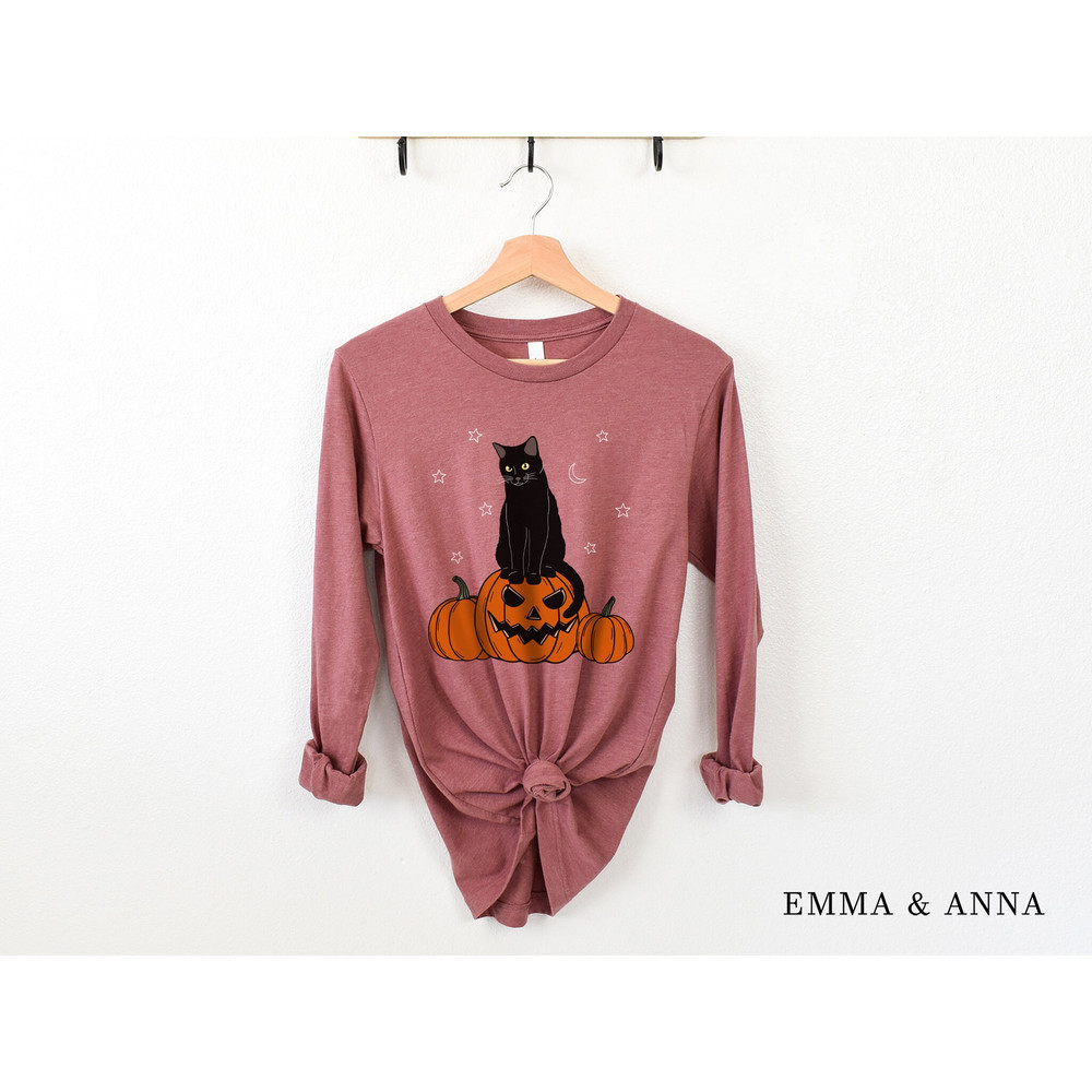 Halloween Cat Shirt, Long Sleeve Halloween Shirt, Fall Shirts for Women, Halloween Black Cat Shirt, Black Cat on Pumpkin, Pumpkin Shirt - 5.jpg