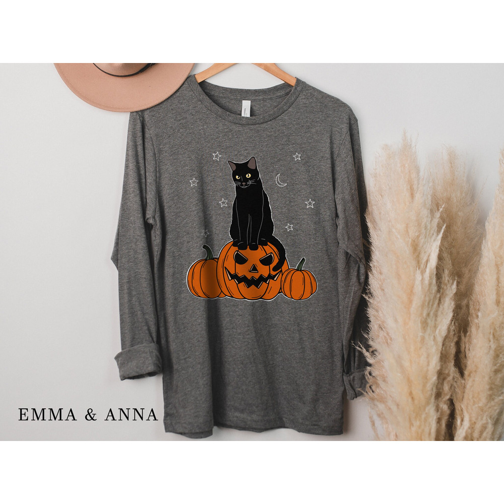 Halloween Cat Shirt, Long Sleeve Halloween Shirt, Fall Shirts for Women, Halloween Black Cat Shirt, Black Cat on Pumpkin, Pumpkin Shirt - 6.jpg