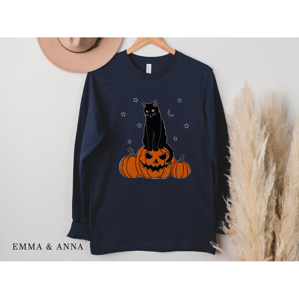 Halloween Cat Shirt, Long Sleeve Halloween Shirt, Fall Shirts for Women, Halloween Black Cat Shirt, Black Cat on Pumpkin, Pumpkin Shirt - 7.jpg