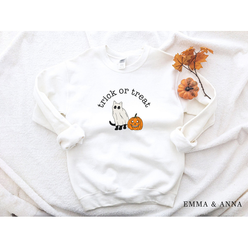 Halloween Crewneck Sweatshirt, Trick or Treat Shirt, Black Cat Sweatshirt, Ghost Sweatshirt, Halloween Sweater, Jack-o-Lantern Sweatshirt - 2.jpg