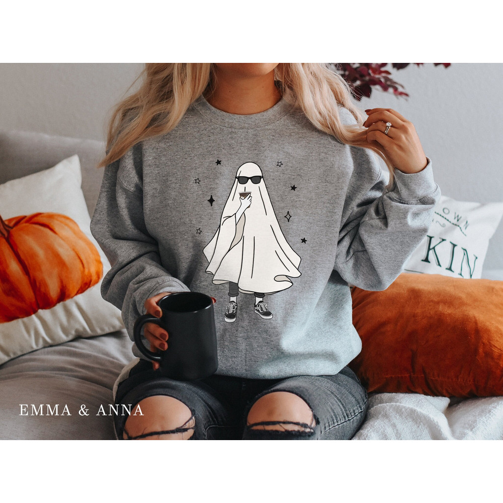 Halloween Sweatshirt, Ghost Sweatshirt, Ghost Drinking Coffee Shirt, Fall Sweatshirt, Ghost Shirt, Halloween Crewneck, Halloween Sweater - 3.jpg