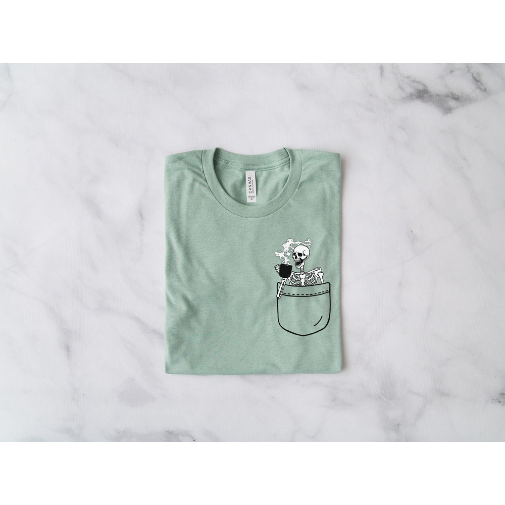 Skeleton Drinking Coffee Shirt, Funny Skeleton Shirt, Halloween Shirt, Skeleton T-Shirt, Halloween Crewneck Shirt, Skeleton Pocket Shirt - 1.jpg