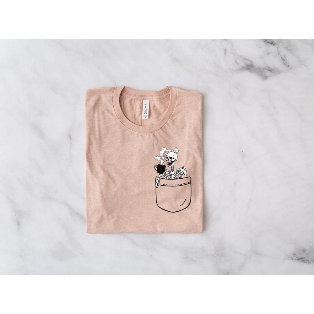 Skeleton Drinking Coffee Shirt, Funny Skeleton Shirt, Halloween Shirt, Skeleton T-Shirt, Halloween Crewneck Shirt, Skeleton Pocket Shirt - 3.jpg