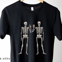 skeleton drinking coffee shirt, skeleton shirt, halloween crewneck, halloween shirt, halloween party shirt, skeleton t-s