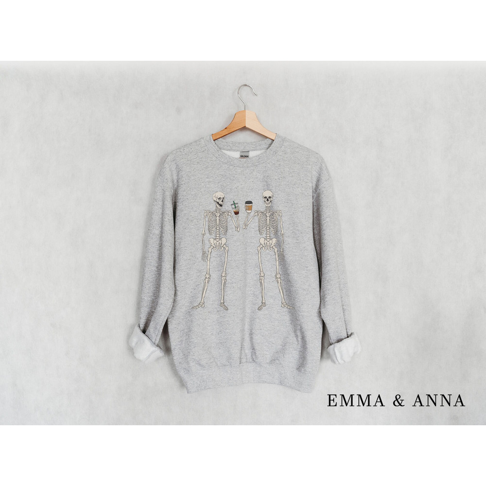 Skeleton Drinking Coffee Sweatshirt, Skeleton Sweatshirt, Halloween Crewneck Sweatshirt, Halloween Sweater, Skeleton Shirt, Fall Sweatshirt - 2.jpg