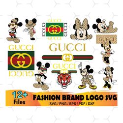 12 gucci bundle svg, brand logo svg, gucci mickey svg, gucci tiger svg