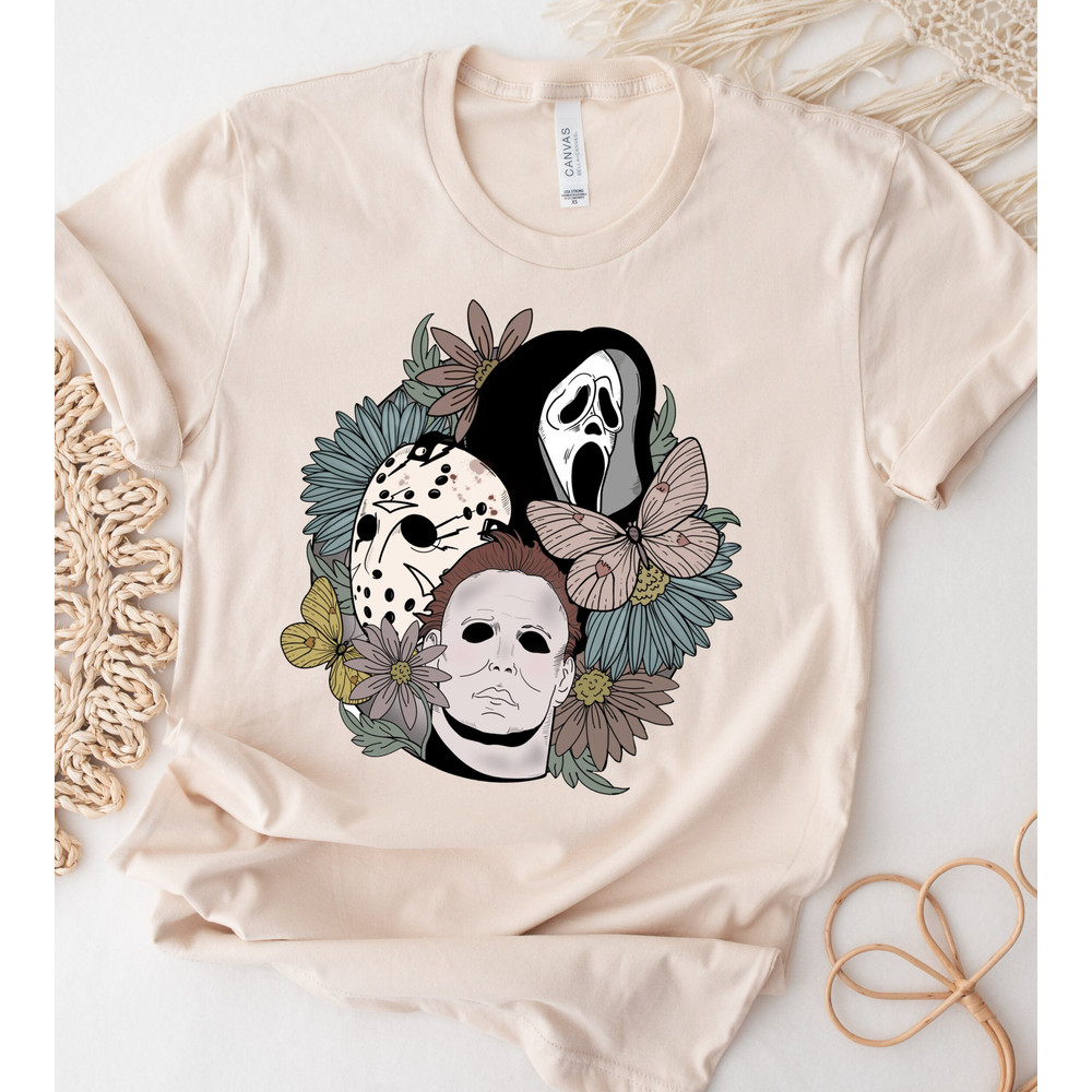 Retro Halloween shirt, Halloween floral Tshirt, Scream, Jason, Michael Myers, Horror movie Floral shirt, Fall Shirt, Halloween Gift Shirt - 1.jpg