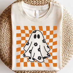 checkered daisy ghost shirt, floral ghost outline shirt, checkered halloween shirt shirt, groovy ghost shirt, spooky sea