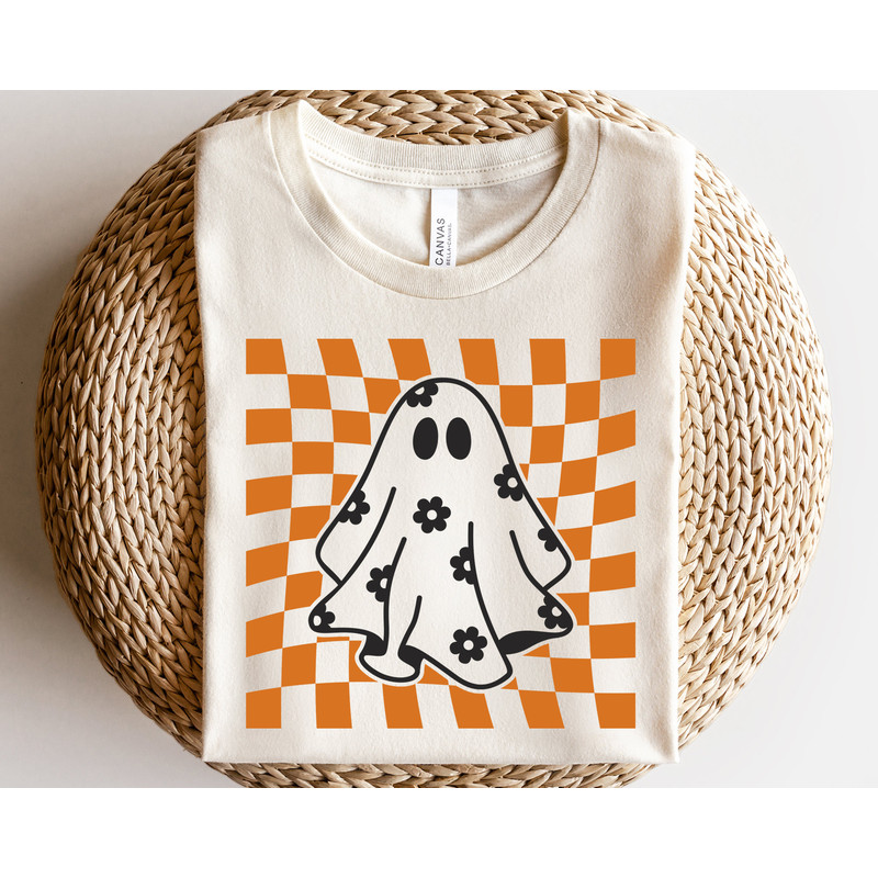 Checkered daisy ghost svg, Floral ghost outline svg, Checkered Halloween shirt svg, Groovy ghost svg, Spooky season svg, Retro Halloween svg - 1.jpg