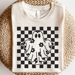 checkered daisy ghost shirt, floral ghost outline shirt, checkered halloween shirt shirt, ghost with flowers sublimation