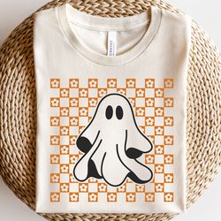 checkered daisy ghost shirt, floral ghost outline shirt, checkered halloween shirt shirt, groovy ghost shirt, spooky sea
