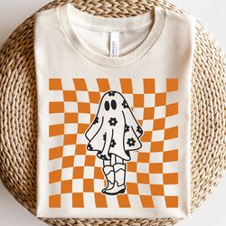 checkered ghost shirt, daisy ghost shirt, cowboy boots shirt, western ghost outline shirt, checkered halloween shirt shi