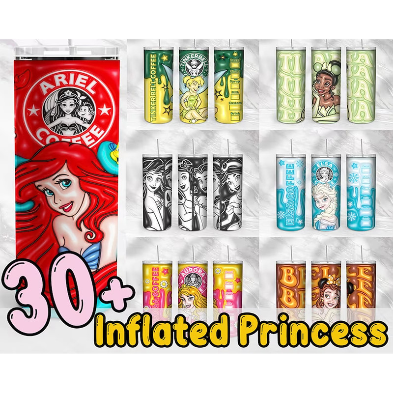Inflated Princess Tumbler Design Png 3D Tumbler Wraps 20oz Skinny Sublimation Digital Downloads 3D Puffy Princess.jpg