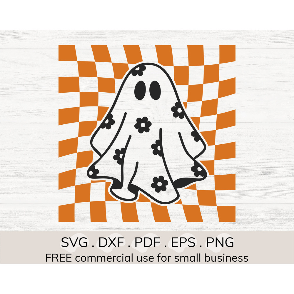 Checkered daisy ghost svg, Floral ghost outline svg, Checkered Halloween shirt svg, Groovy ghost svg, Spooky season svg, Retro Halloween svg - 2.jpg