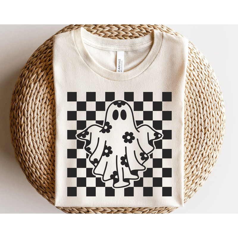 Checkered daisy ghost svg, Floral ghost outline svg, Checkered Halloween shirt svg, Ghost with flowers sublimation png, Retro Halloween svg - 1.jpg