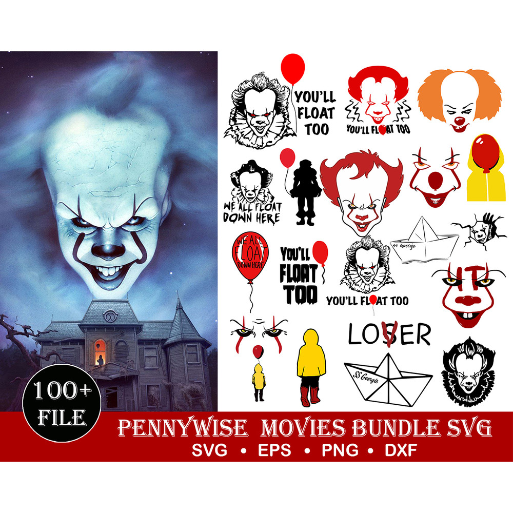 100 IT pennywise Clown Svg Bundle, IT Pennywise Clown Svg, Clown Svg, Horror, Scary, Movie,Clipart, Halloween Svg, You'll Float Too, Red Balloon Digital Instant