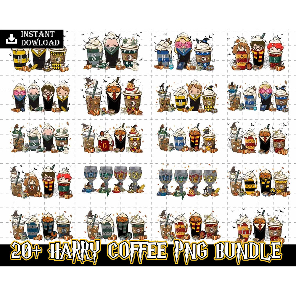 20 Bundle Harry Fall coffee PNG, pumpkin spice latte iced warm autumn orange, digital file Sublimation design, hand drawn Png, Printable Graphi Instant Download