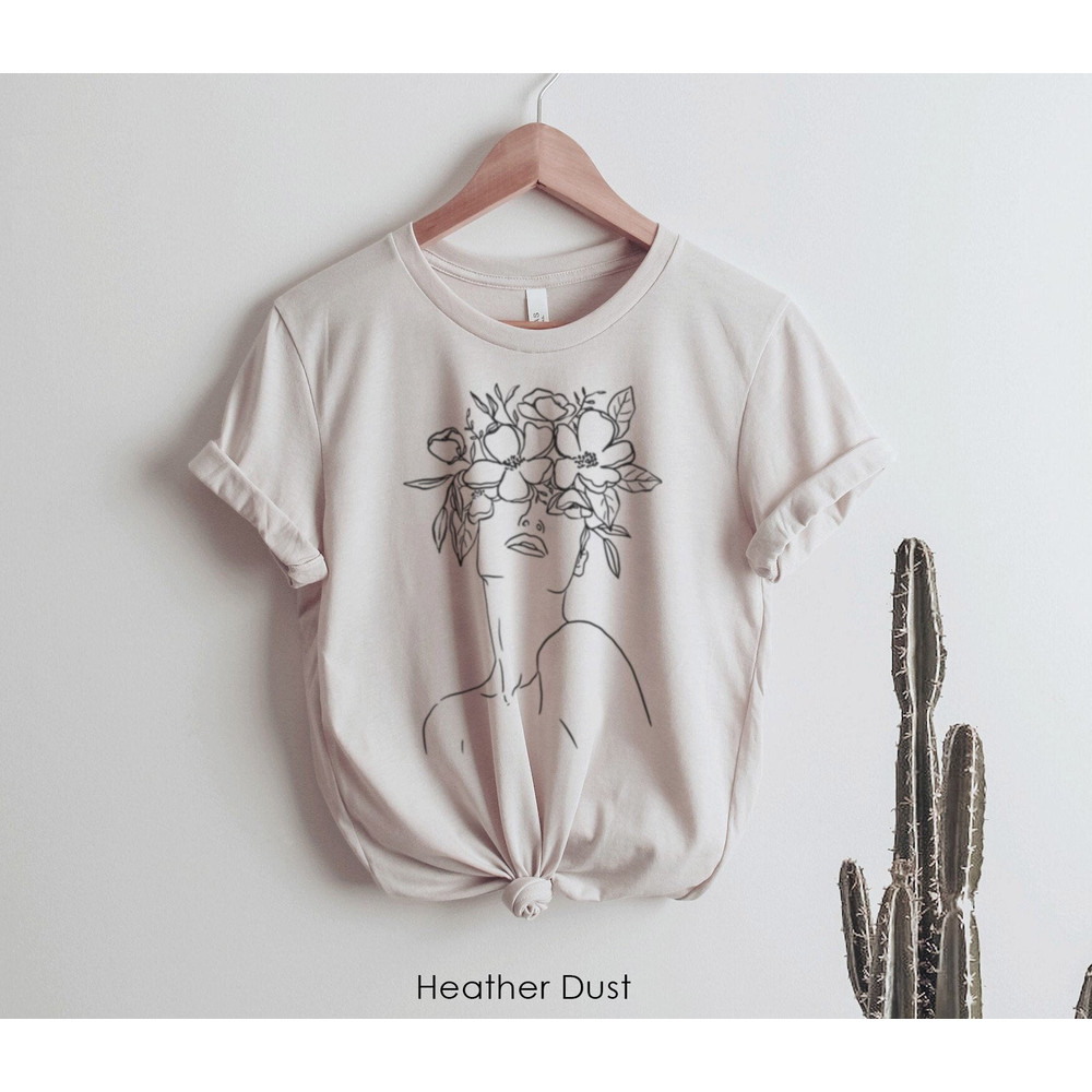 Line Art Boho Tshirt Women with Flowers Modern Minimalist Tee T-Shirt Drawing Graphic Tee Strong Women supporting Women - 1.jpg