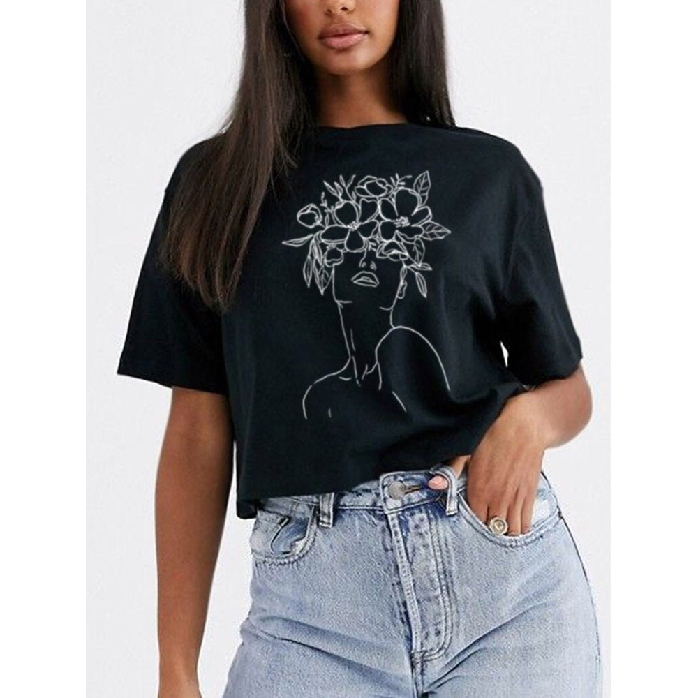 Line Art Boho Tshirt Women with Flowers Modern Minimalist Tee T-Shirt Drawing Graphic Tee Strong Women supporting Women - 2.jpg