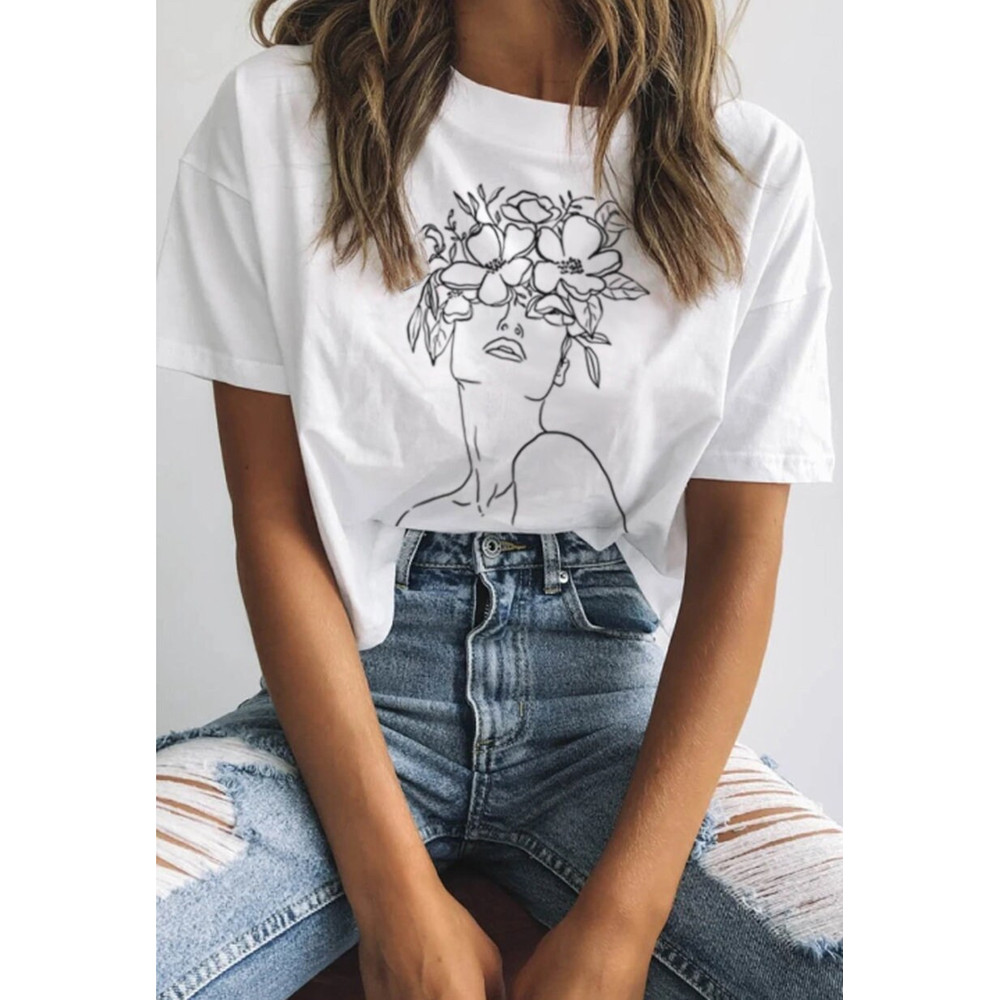 Line Art Boho Tshirt Women with Flowers Modern Minimalist Tee T-Shirt Drawing Graphic Tee Strong Women supporting Women - 3.jpg