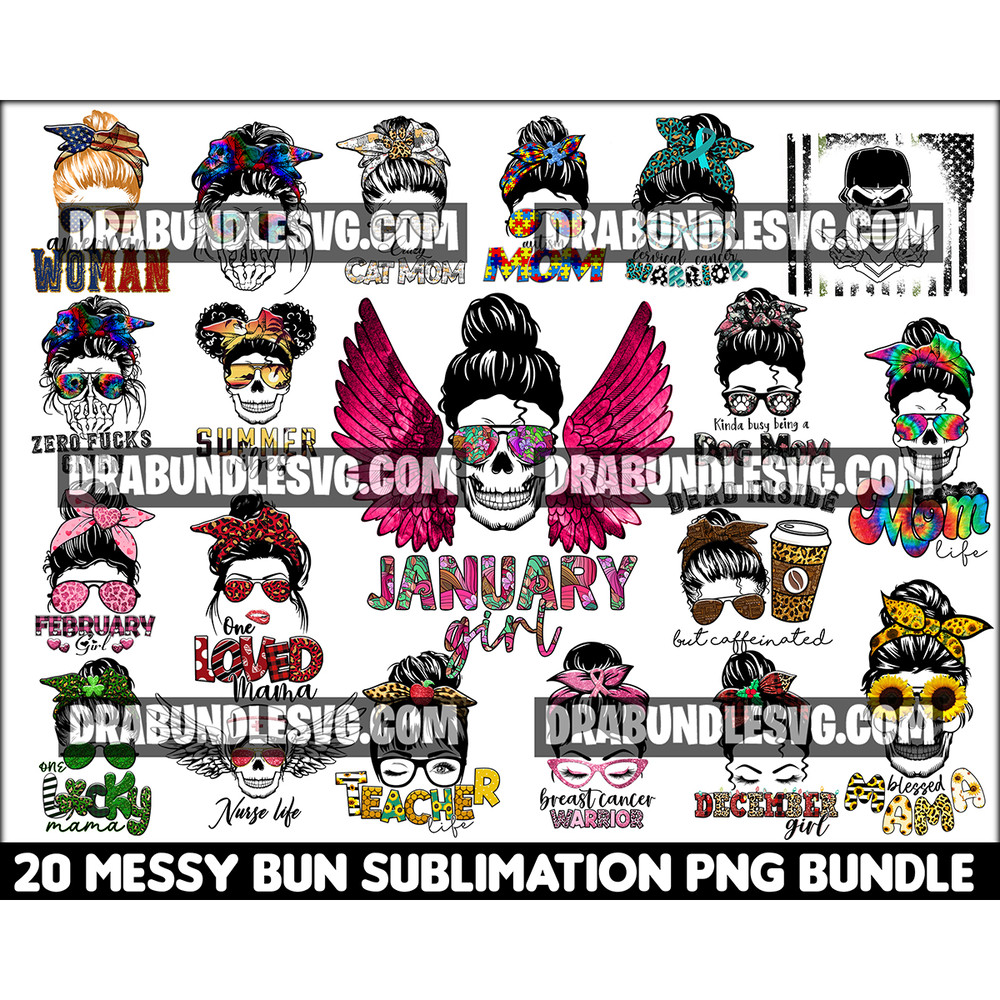 20 Messy Bun Sublimation Design Bundle, Messy Bun Bundle, Messy Bun Sublimation Designs, Messy Bun Designs, Instant download .jpg