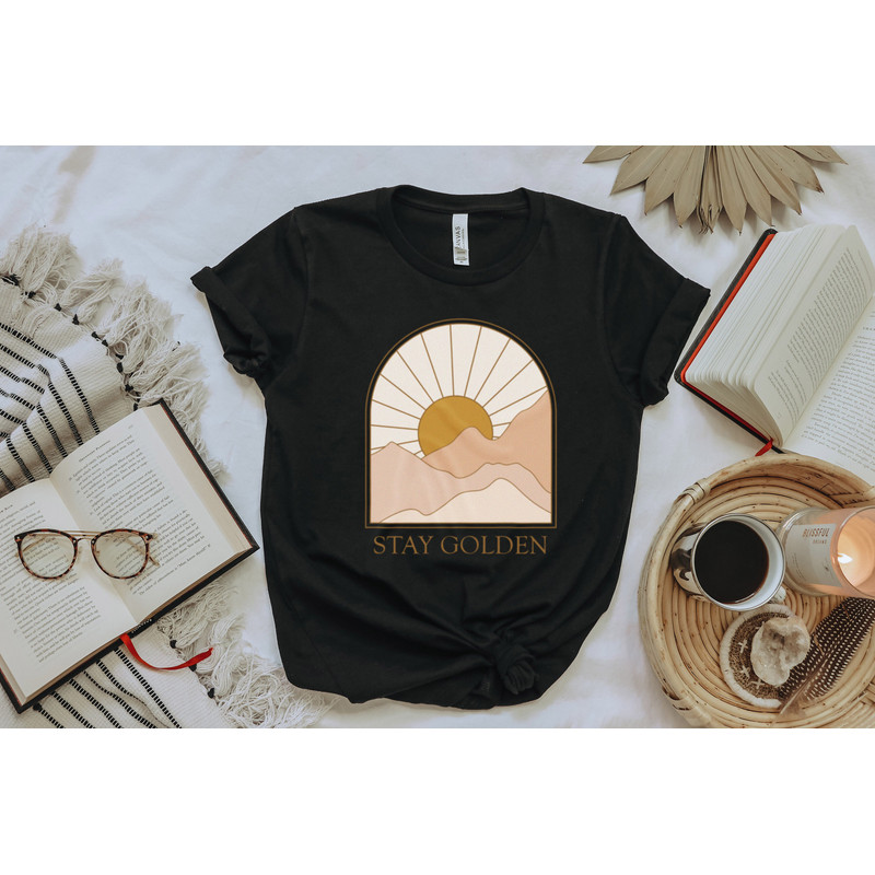 Stay Golden Boho Graphic T-shirt for Women Minimalist, Neutral Landscape, Adventure, Sun Abstract Mountain and Sun 70s Retro - 4.jpg