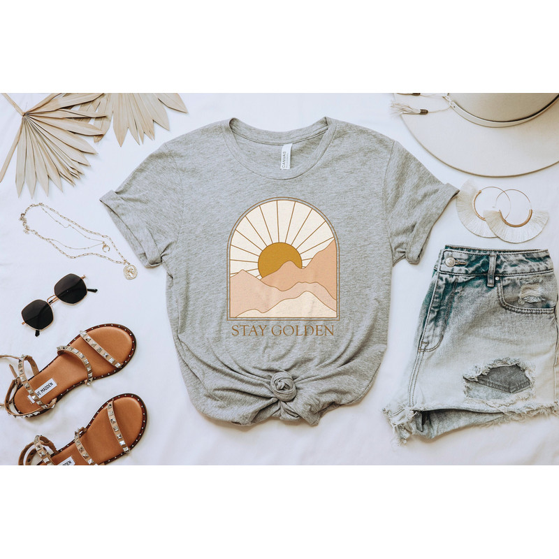 Stay Golden Boho Graphic T-shirt for Women Minimalist, Neutral Landscape, Adventure, Sun Abstract Mountain and Sun 70s Retro - 5.jpg