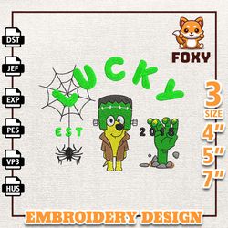 lucky est 2018 halloween embroidery design, happy haloween embroidery file, blue dog cartoon embroidery design, hallowe