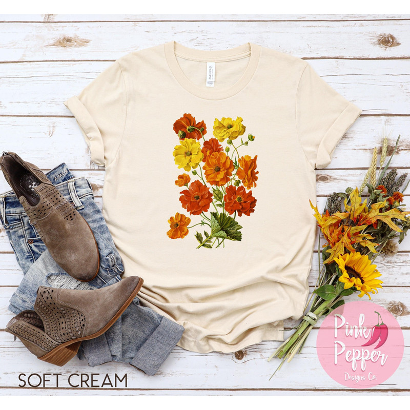 Vintage Geums Flowers Tshirt Vintage Botanical T-shirt Cottage Core Tshirt Cottagecore Clothing Gifts Orange Yellow Garden Flowers Plus 4XL - 1.jpg