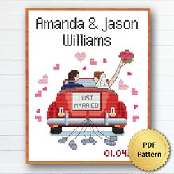 Just Married Announcement Cross Stitch Pattern. Miniature Art, Easy Tiny