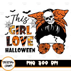 this girl loves halloween, orange black & purple, skeleton girl, sublimation digital design, png file