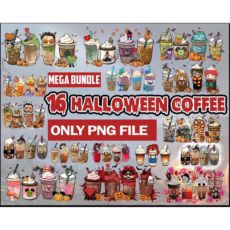 16 Halloween Coffee Png Bundle, Halloween Boo Coffee Png, Villains Latte, Fall latte png, Horror Movie Inspired Coffee, Sublimation design Png Instant Download.