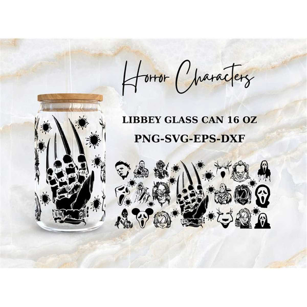 Horror Characters 16 Oz Libbey Glass Can Wrap Svg, Halloween