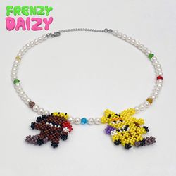 ANGRY BEAVERS  Necklace of of Shell Pearl beads, Austrian crystals imit and characters handmade of Czech beads