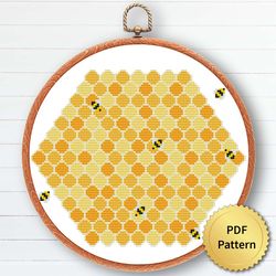Honey Comb with Bees Cross Stitch Pattern
