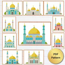 SET of 10 Mosque Cross Stitch Pattern, Islamic Ornaments Embroidery, Counted Cross Stitch Chart, Muslim Modern Design