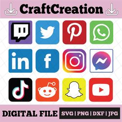 Social Media Network Icons 12 Logos SVG| Facebook | Messanger | Instagram | Pinterest | Twitch | YouTube | Twitter | Tik