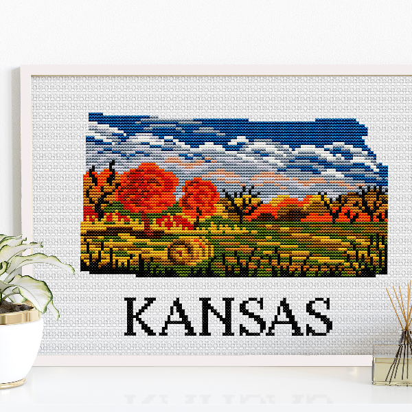 Silhouette Kansas cross stitch, US states cross stitch pattern, Fall cross stitch, Landscape cross stitch, Digital PDF.jpg