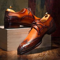Men's Handmade Two Tone Tan Crocodile Texture Leather Shoe's, Men's Bespoke Lace Up Derby  Dress Shoes