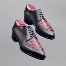 Men's Handmade Two Tone Black & Red Crocodile Texture Shoe's, Men's Bespoke Lace Up Derby  Dress Shoes