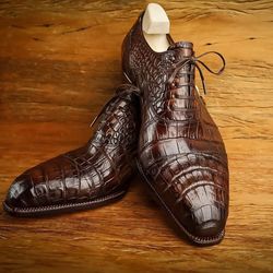 Men's Handmade Brown Crocodile Texture Leather Shoe's, Men's Bespoke Lace Up Dress Shoes