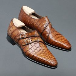 Men's Handmade Tan Crocodile Texture Leather Shoe's, Men's Bespoke Double Buckle Straps Dress Shoes