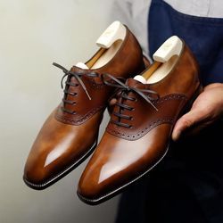 Men's Handmade Two Tone Tan & Brown Leather Shoe's, Men's Bespoke Oxford Brogue Lace Up Dress Shoes