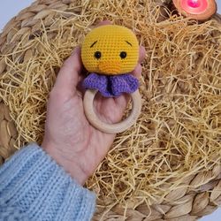 Crochet rattle duck, Crochet rattle animal, Crochet rattle toy, Soft rattle wooden, Newborn rattle toy, Rattle baby toy