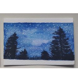 Night sky art watercolor ACEO, collectible artwork, miniature painting abstract landscape
