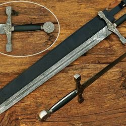 super sharp steel beautiful handmade damascus steel 32 inches hunting viking sword with leather sheath sss-00786