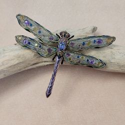 Dragonfly brooch, precious dragonfly, amethyst brooch, green brooch