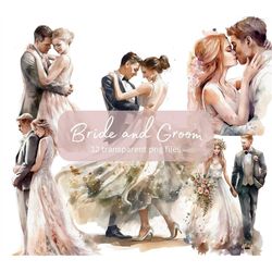 Wedding Couple Watercolor Clipart Bundle, Junk Journal Bride Groom ,Transparent PNG, Romantic clipart, Digital Download,