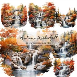 Autumn Waterfall Watercolor Clipart Bundle, Transparent PNG, landscape clipart,  Instant Download, Scrapbook, Junk Journ